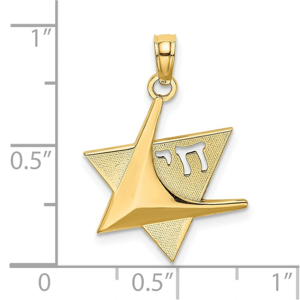 14K Yellow Gold 2-D & Polished Jewish Star Of David With Chai Charm Pendant