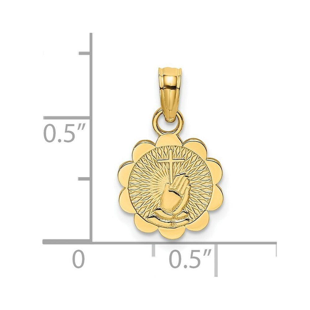 14K Yellow Gold Praying Hands & Cross On Scalloped Round Disk Charm Pendant
