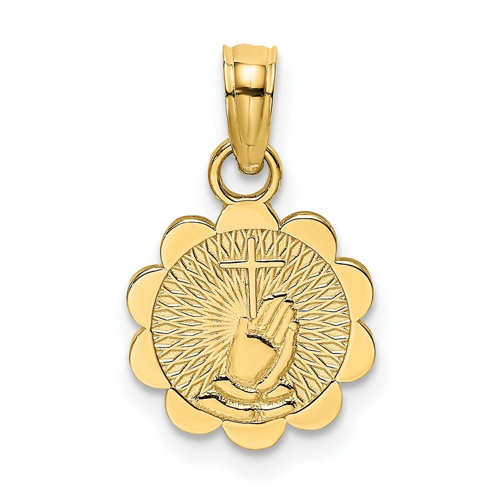 14K Yellow Gold Praying Hands & Cross On Scalloped Round Disk Charm Pendant