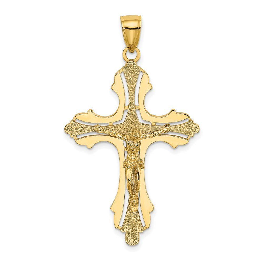 14K Yellow Gold Textured & Cut-Out Crucifix With SPADE TIPS Charm Pendant
