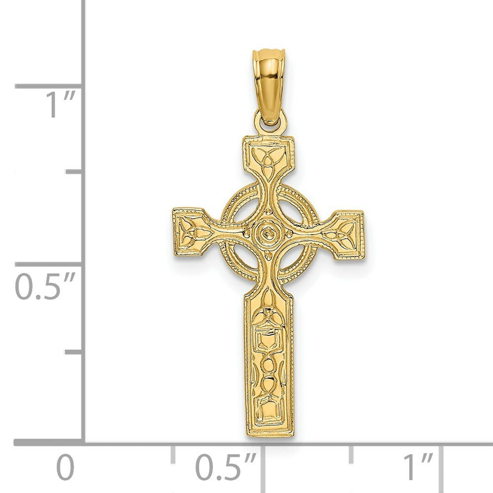 14K Yellow Gold Engraved Celtic Cross With Eternity Circle Charm Pendant