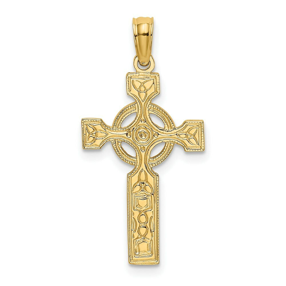 14K Yellow Gold Engraved Celtic Cross With Eternity Circle Charm Pendant