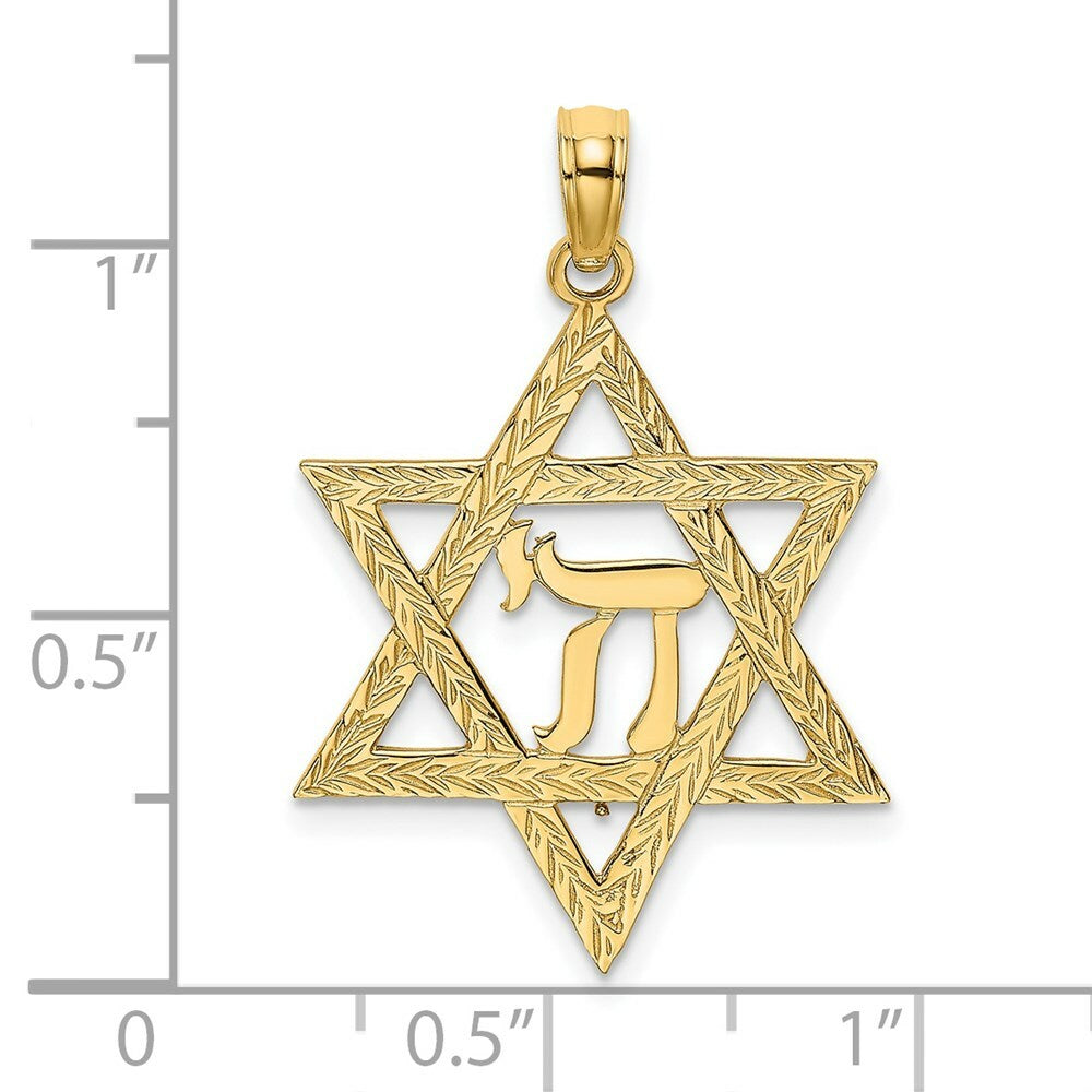 14K Yellow Gold Jewish Star With Chi Center Charm Pendant