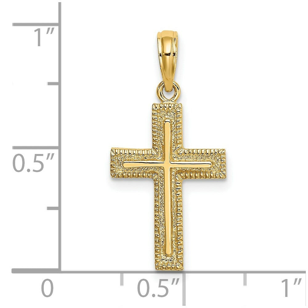 14K Yellow Gold Cross With Textured Border Design Charm Pendant
