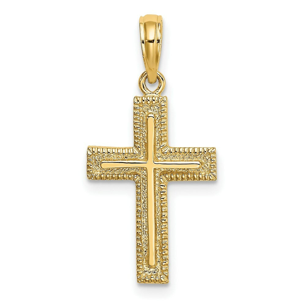 14K Yellow Gold Cross With Textured Border Design Charm Pendant