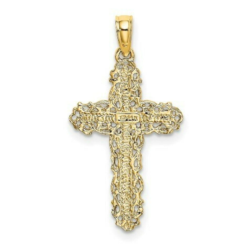 14K Yellow Gold Cross With Filigree Lace Trim Charm Pendant