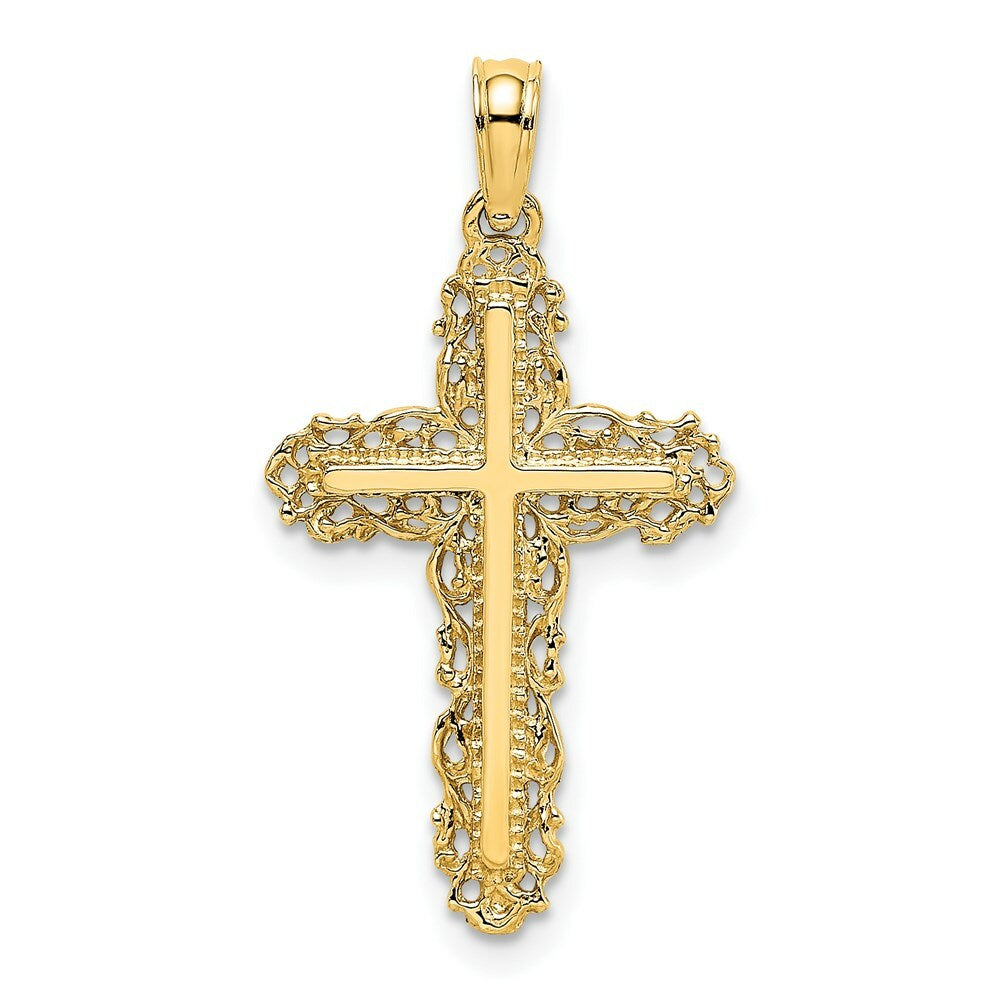 14K Yellow Gold Cross With Filigree Lace Trim Charm Pendant