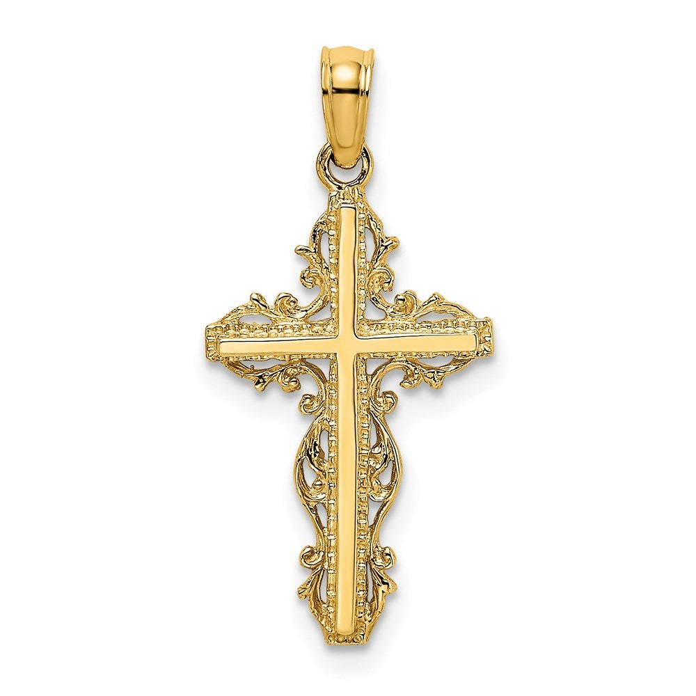 14K Yellow Gold Stick Cross With Lace Trim Charm Pendant