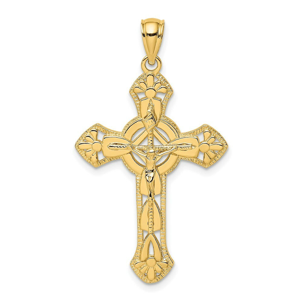 14K Yellow Gold Textured Crucifix With Arrow Charm Pendant