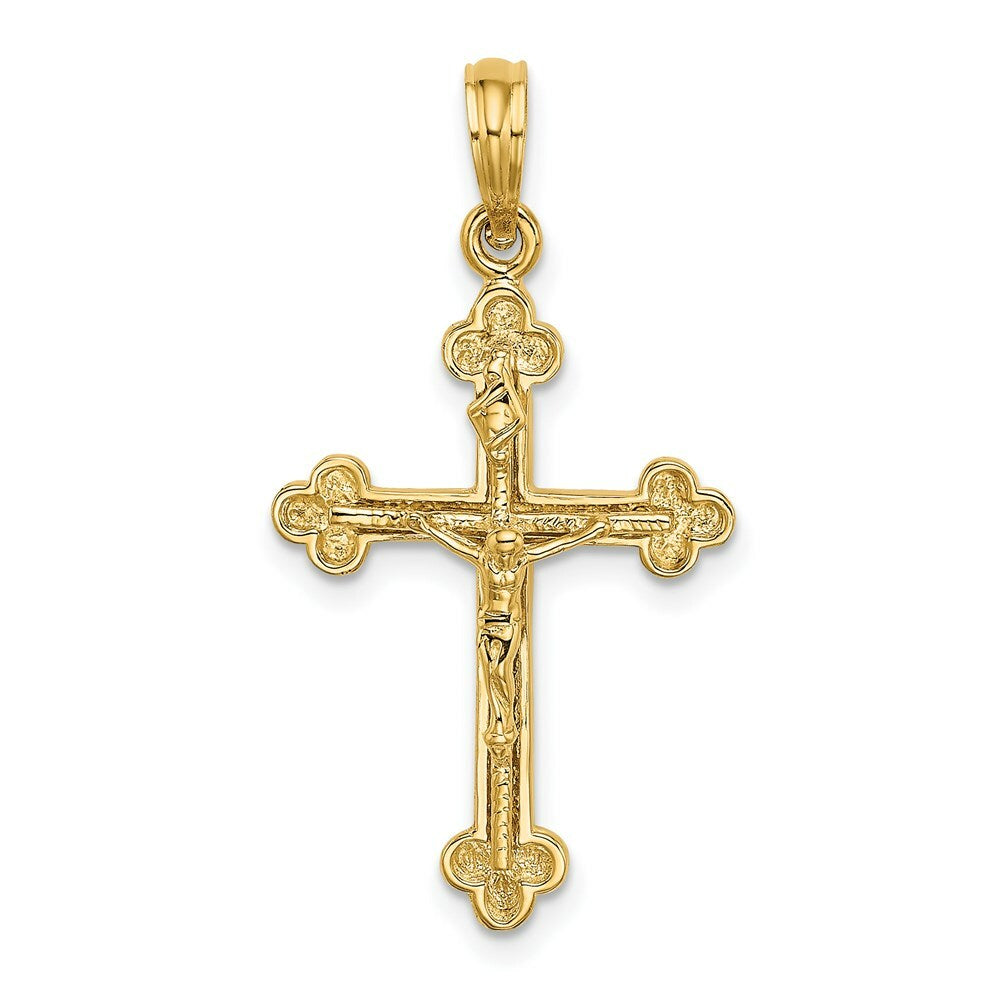 14K Yellow Gold 2-D Narrow Crucifix With SPADE TIPS Charm Pendant