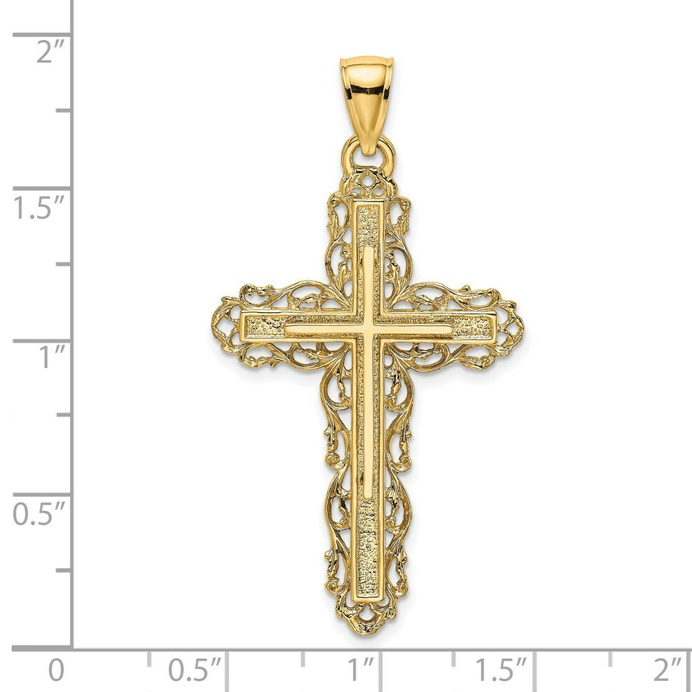 14K Yellow Gold 2-D Cross With LACE TRIM Charm Pendant