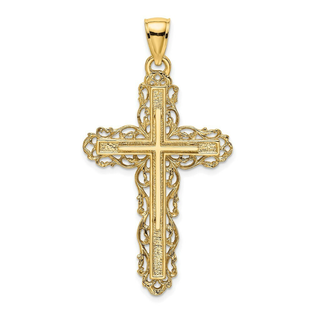 14K Yellow Gold 2-D Cross With LACE TRIM Charm Pendant
