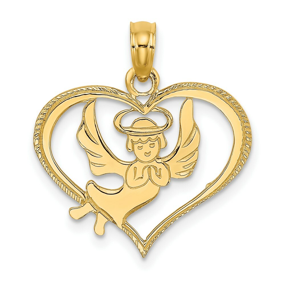 14K Yellow Gold Polished Angel In Heart Charm Pendant