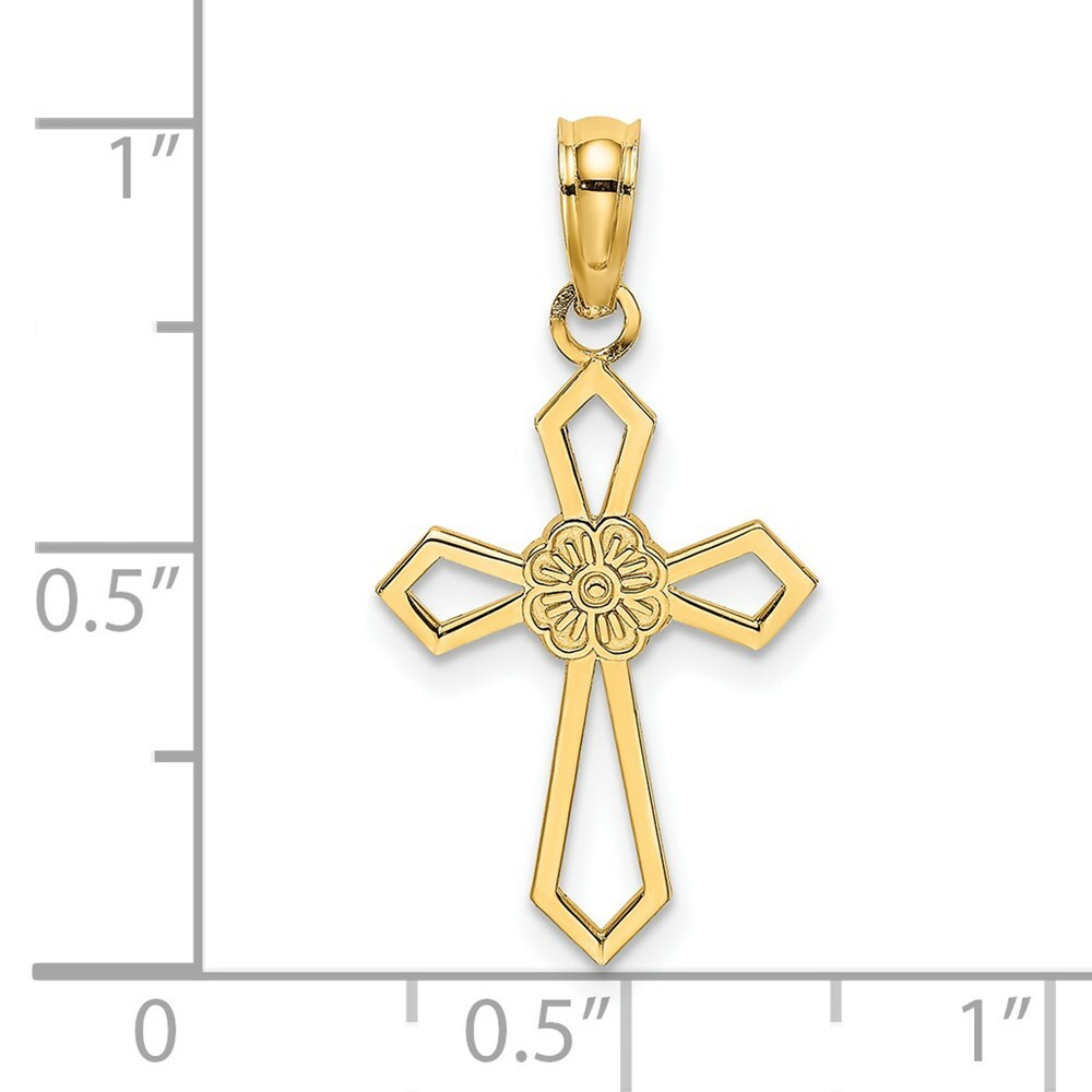 14K Yellow Gold Cut-Out & Flat Cross With Flower Charm Pendant