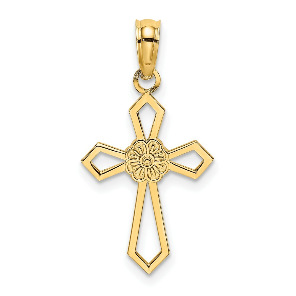 14K Yellow Gold Cut-Out & Flat Cross With Flower Charm Pendant