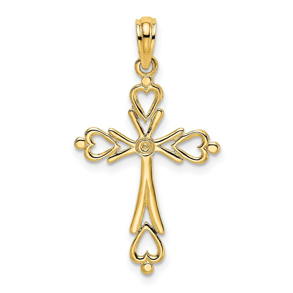 14K Yellow Gold Cross Cut-Out With Heart Ends Charm Pendant