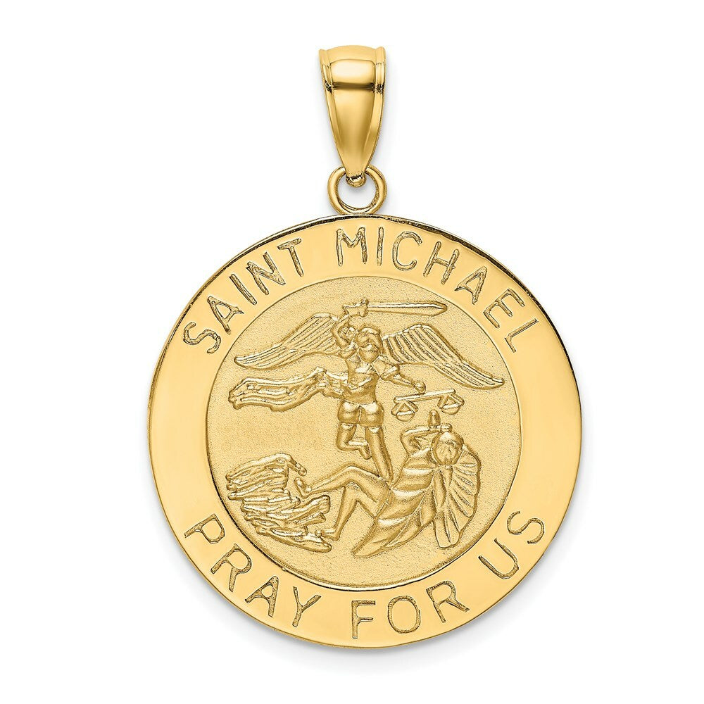 14K Yellow Gold Polished and Satin SAINT MICHAEL MEDAL Charm Pendant