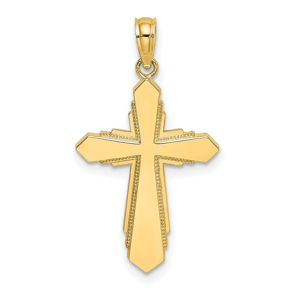 14K Yellow Gold Solid & Beaded Cross Charm Pendant