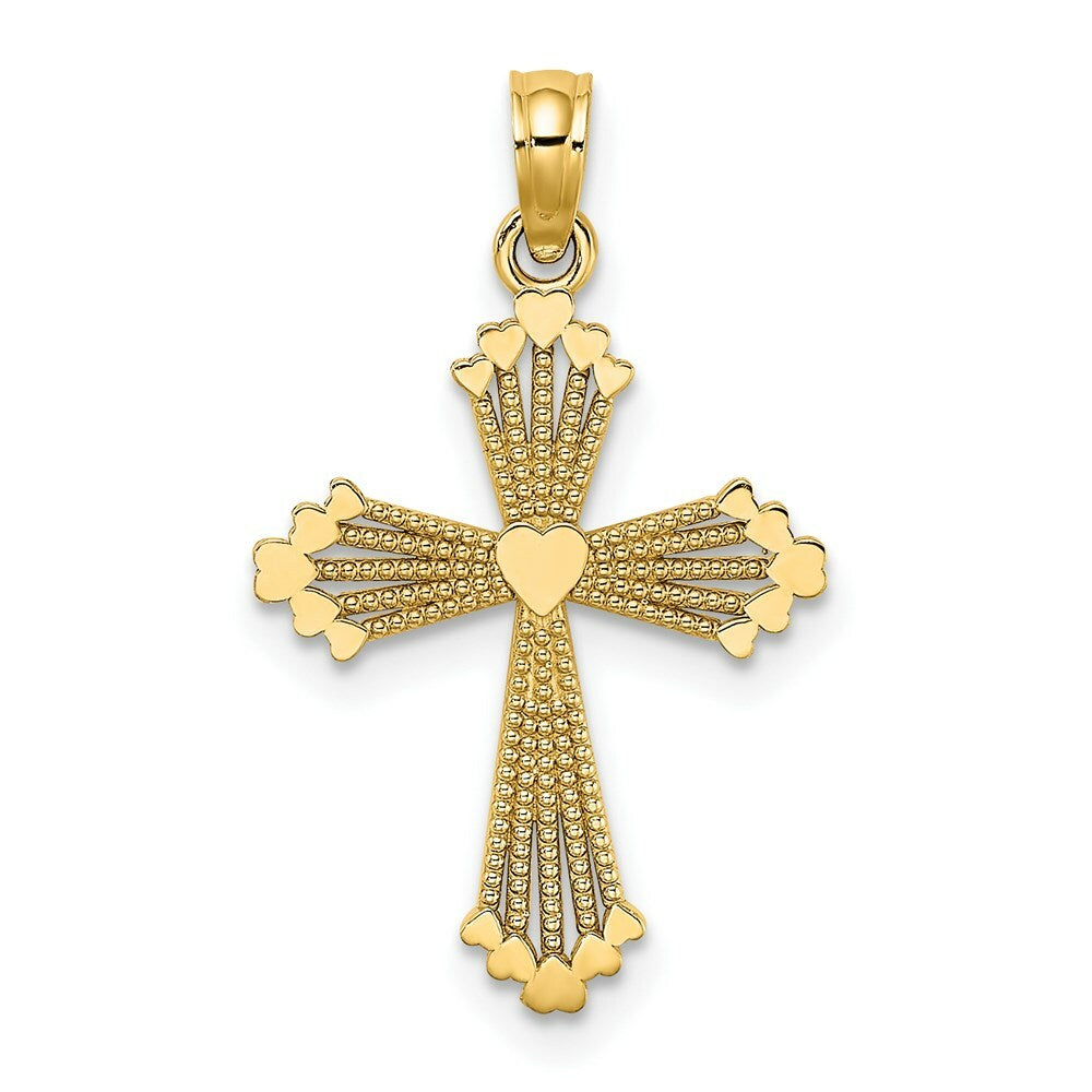 14K Yellow Gold Cut-Out Stripes Cross With Heart Charm Pendant