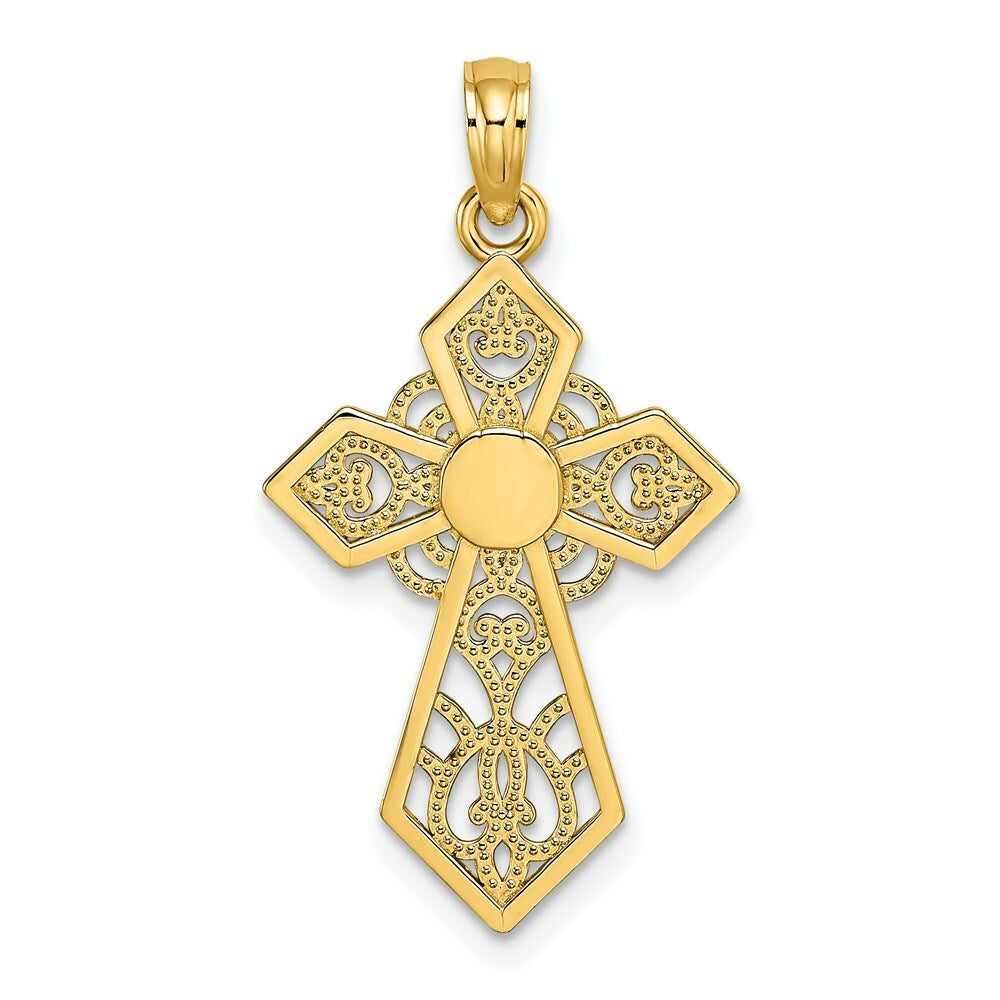14K Yellow Gold Polished and Lace Cross Charm Pendant