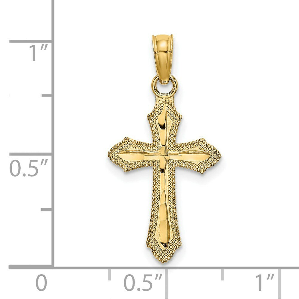 14K Yellow Gold Diamond-cut With Beaded Edge Cross Charm Pendant