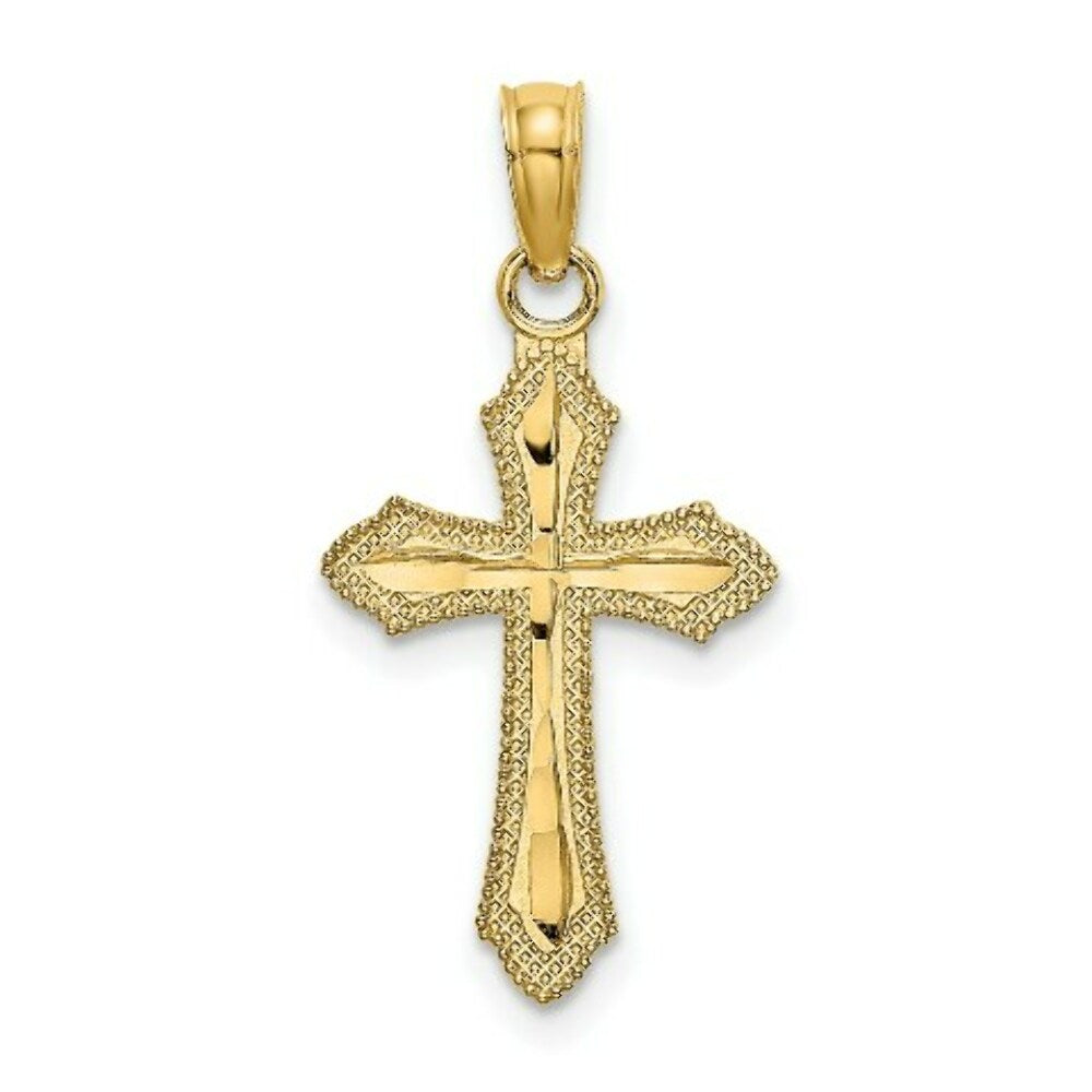 14K Yellow Gold Diamond-cut With Beaded Edge Cross Charm Pendant