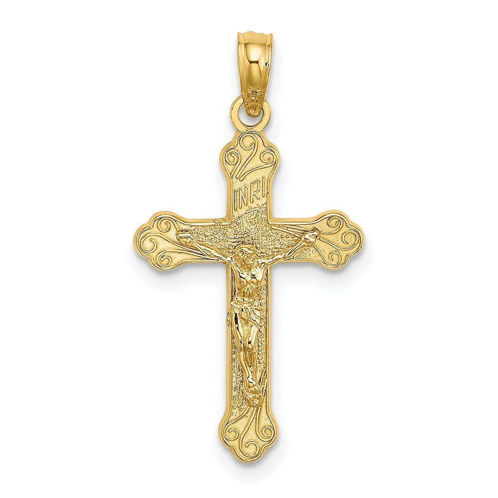 14K Yellow Gold INRI Crucifix With SCROLL TIPS Charm Pendant