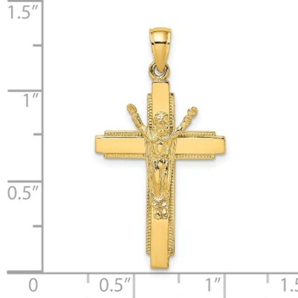 14K Yellow Gold Polished With Beaded Edge Crucifix Charm Pendant