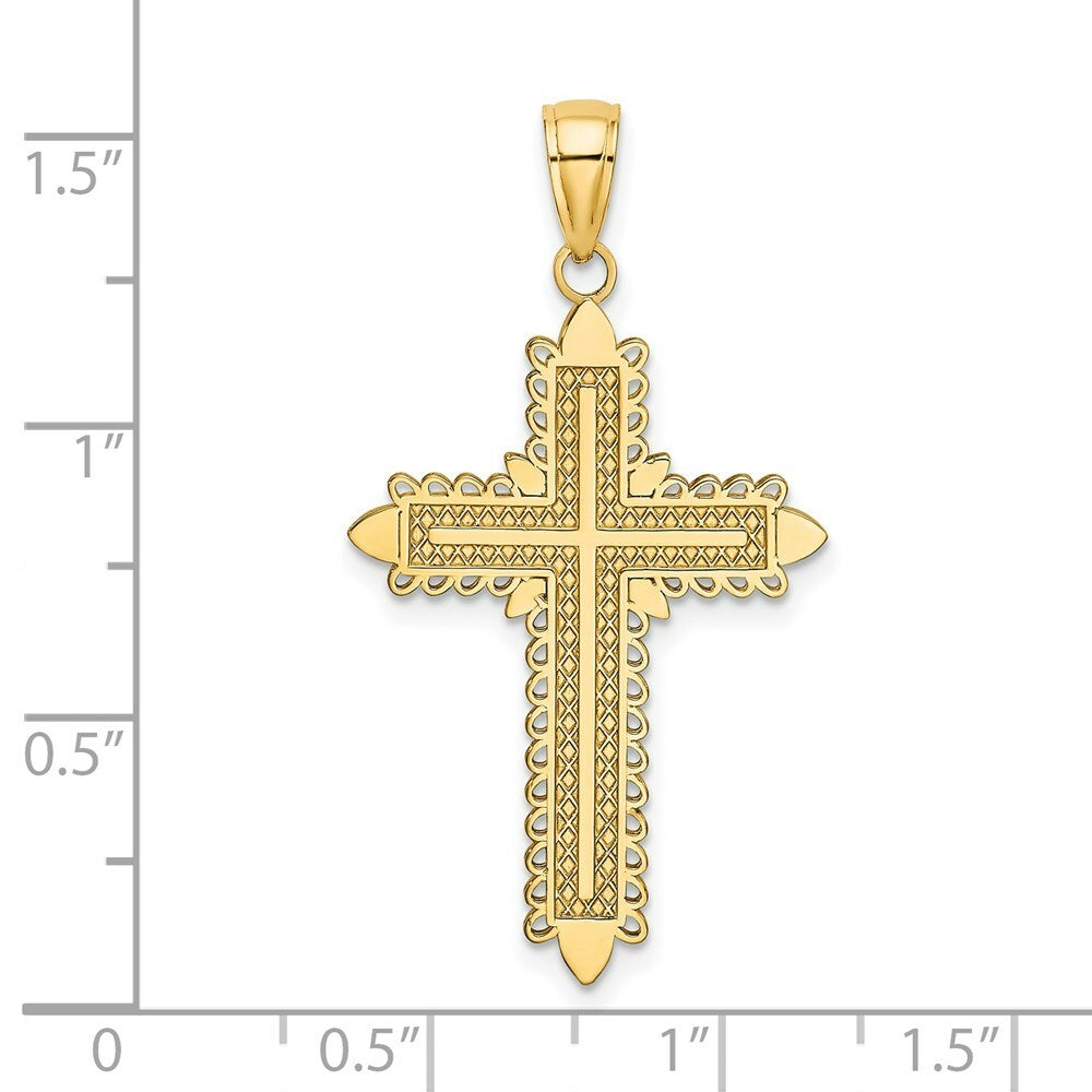 14K Yellow Gold With Lace Border Cross Charm Pendant
