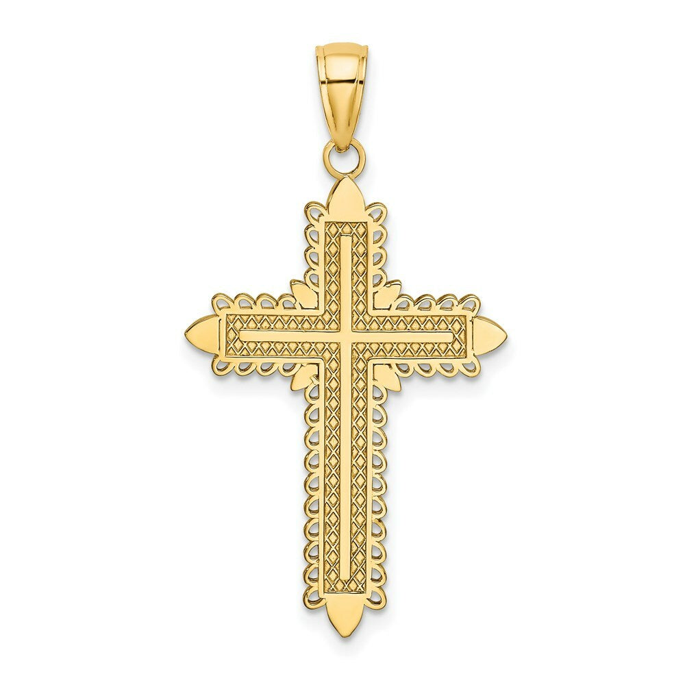 14K Yellow Gold With Lace Border Cross Charm Pendant