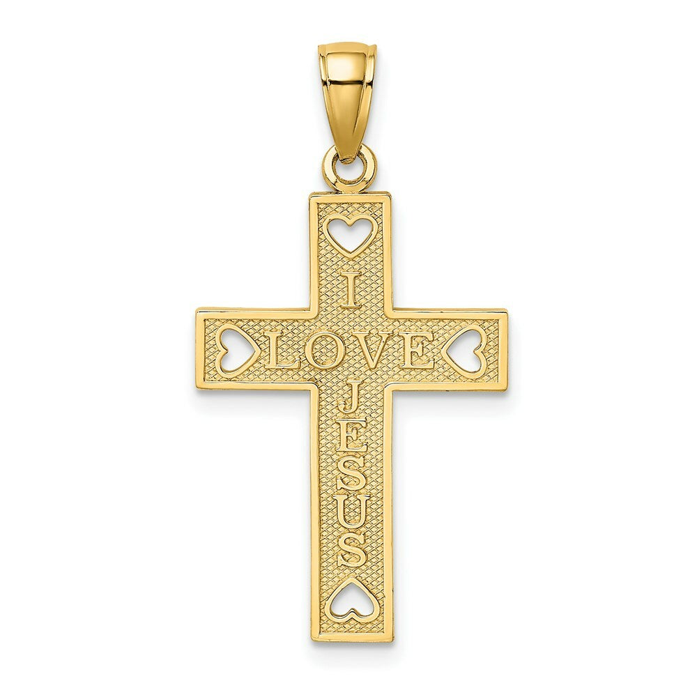 14K Yellow Gold I Love JESUS Cross With Hearts Charm Pendant