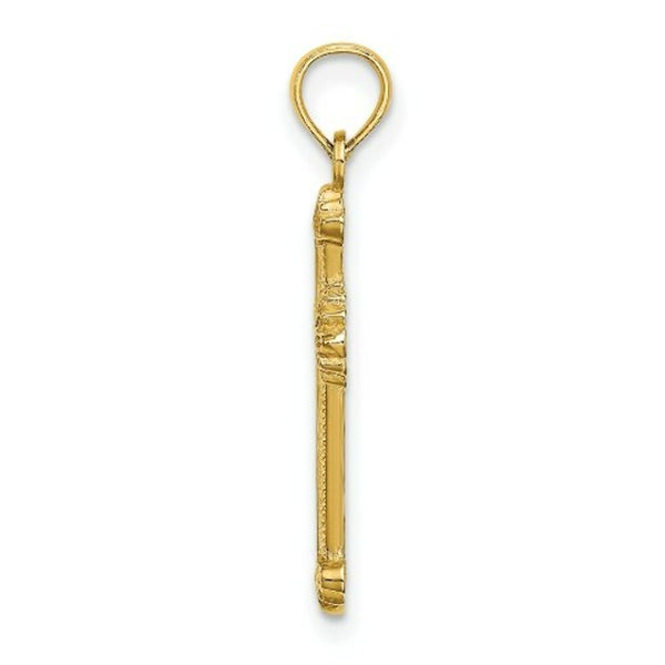 14K Yellow Gold Textured Leaves On Edges Cross Charm Pendant