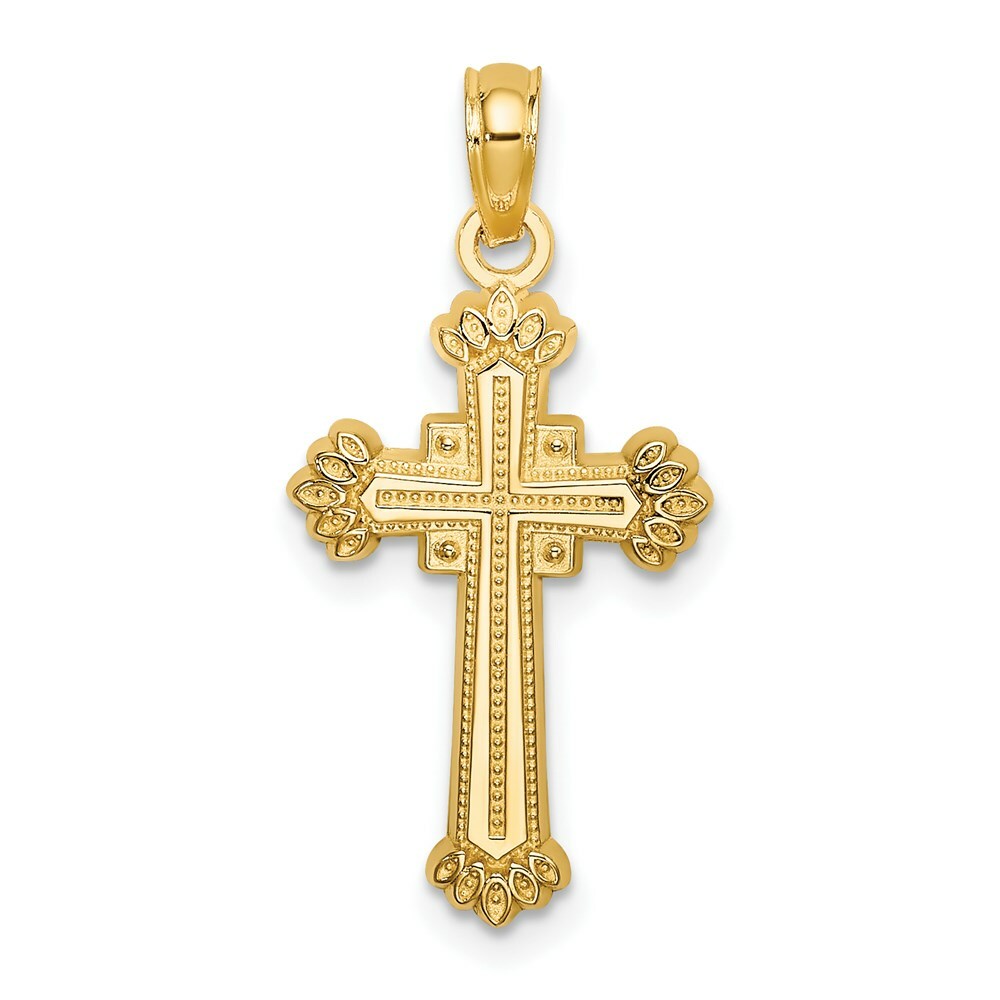 14K Yellow Gold Textured Leaves On Edges Cross Charm Pendant