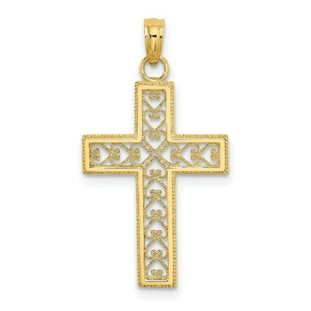 14K Yellow Gold Filigree Beaded Outline Cross Charm Pendant