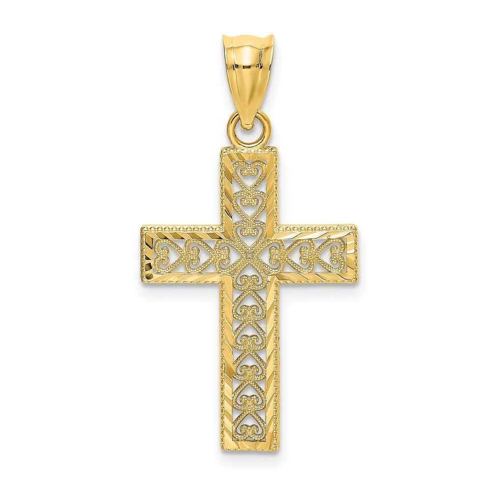 14K Yellow Gold Diamond-cut EDGE & FILIGREE CENTER Cross Charm Pendant