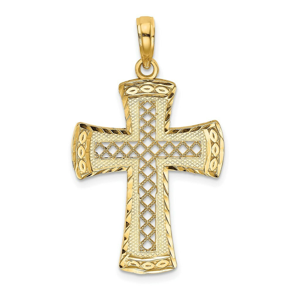 14K Yellow Gold Diamond-cut With Satin Edge Latice Cross Charm Pendant