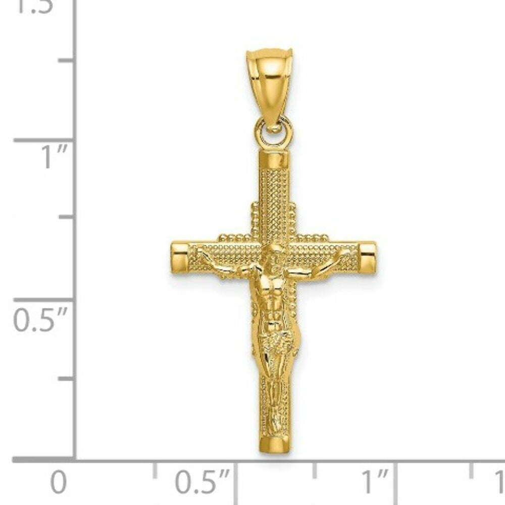 14K Yellow Gold Beaded Accent With Cross Behind Crucifix Charm Pendant