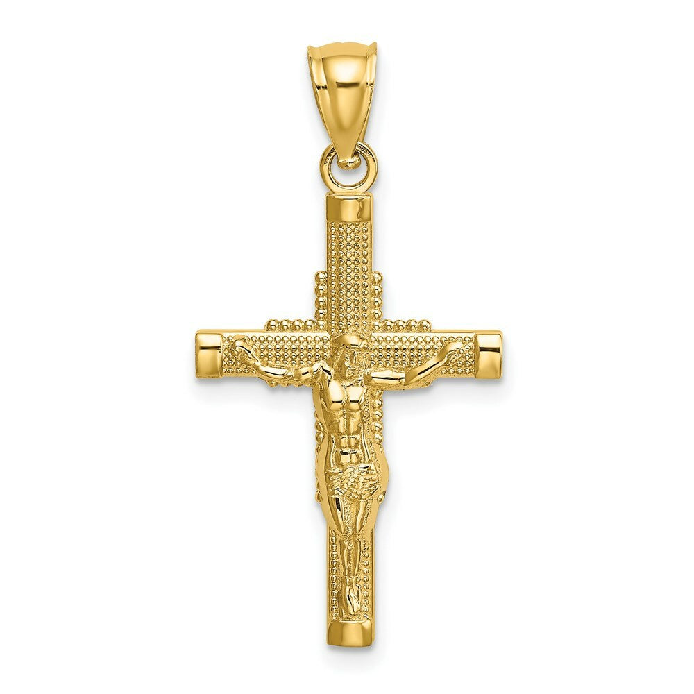 14K Yellow Gold Beaded Accent With Cross Behind Crucifix Charm Pendant