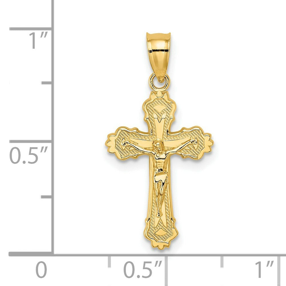 14K Yellow Gold With Textured Scalloped Edge Crucifix Charm Pendant