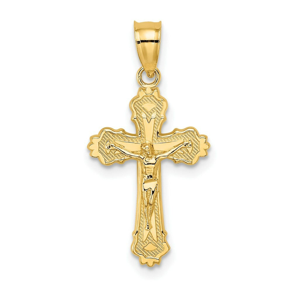 14K Yellow Gold With Textured Scalloped Edge Crucifix Charm Pendant