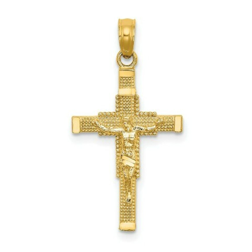 14K Yellow Gold Beaded Accent With Cross Behind Crucifix Charm Pendant