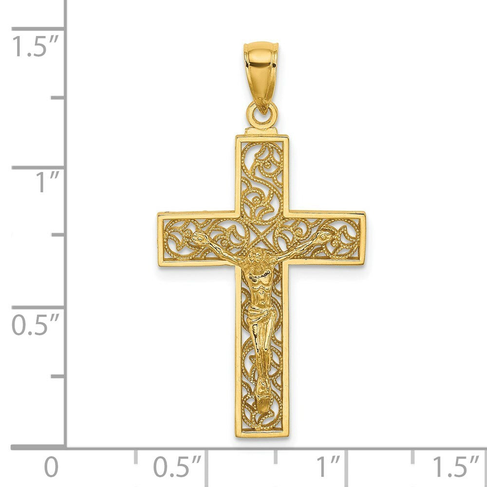 14K Yellow Gold Textured Swirl Design Crucifix Charm Pendant