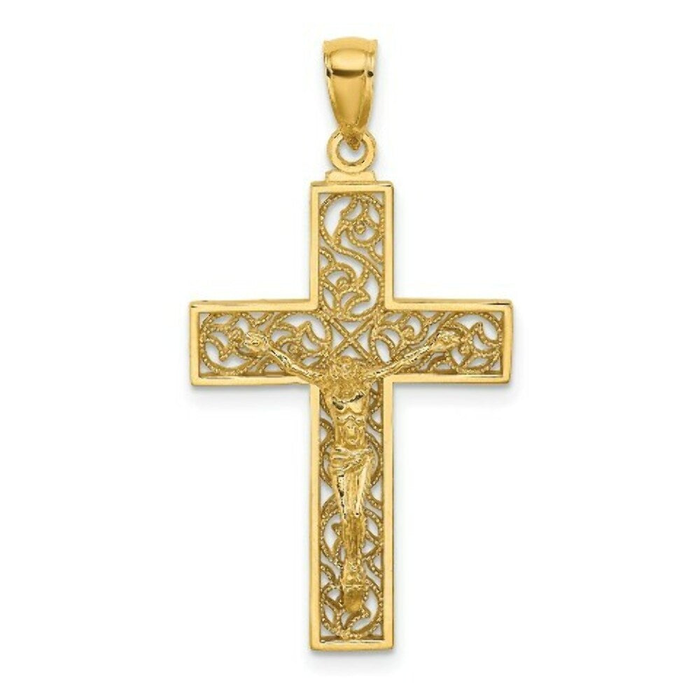 14K Yellow Gold Textured Swirl Design Crucifix Charm Pendant