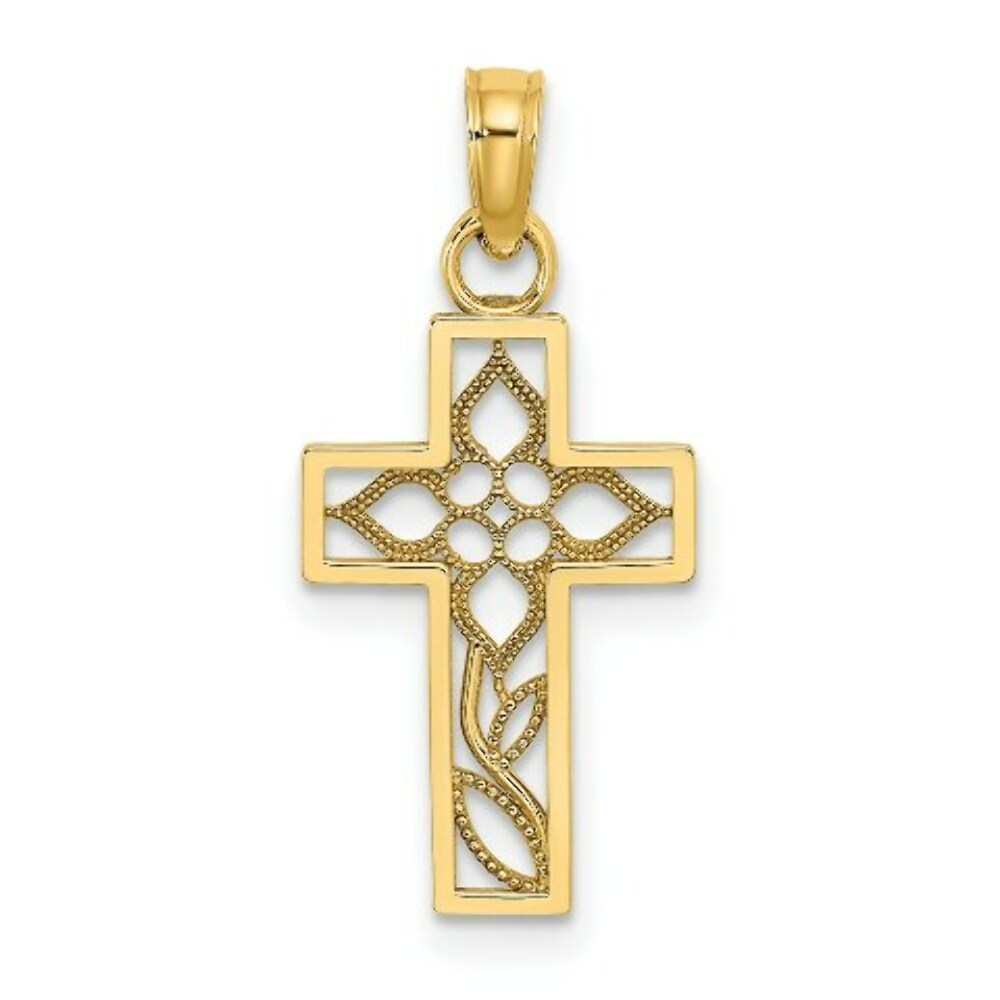 14K Yellow Gold Flower In Cross Charm Pendant