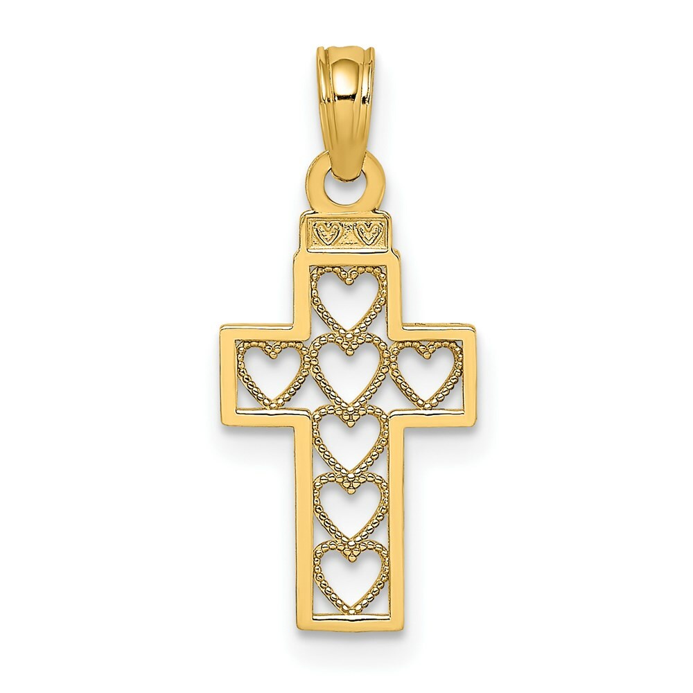 14K Yellow Gold Cut-Out Heart Design Cross Charm Pendant