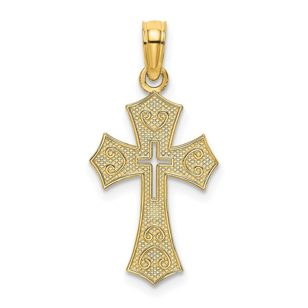 14K Yellow Gold Textured Cut-Out Center Cross Charm Pendant