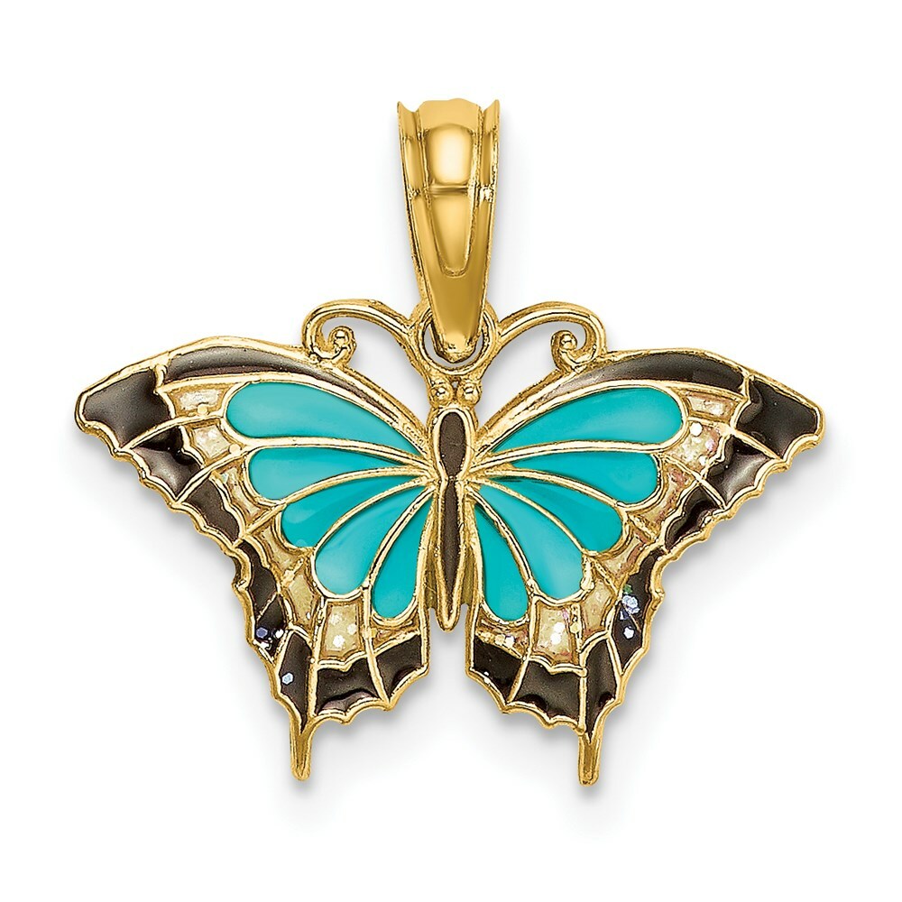 14K Yellow Gold Small With Stained Glass Wings Butterfly Charm Pendant