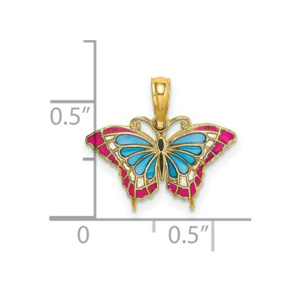 14K Yellow Gold Small Stained Glass Blue & Red Butterfly Charm Pendant