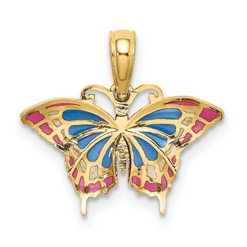 14K Yellow Gold Small Stained Glass Blue & Red Butterfly Charm Pendant