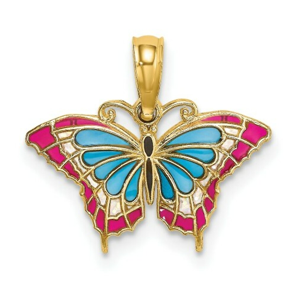 14K Yellow Gold Small Stained Glass Blue & Red Butterfly Charm Pendant